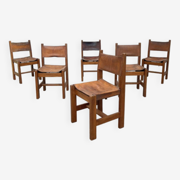 Set of 6 Maison Regain chairs in leather and elm