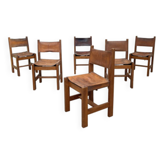 Set of 6 Maison Regain chairs in leather and elm