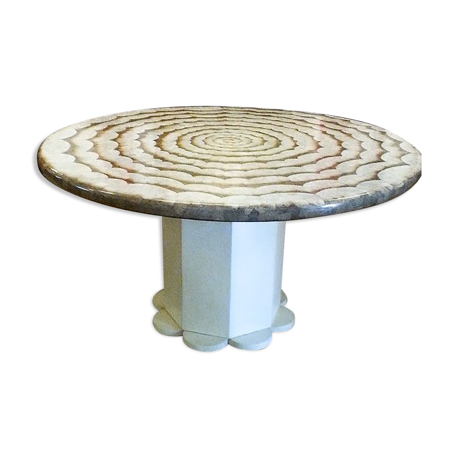 Round dining table in white lacquered wood, Italy, 1970s, decorated eggshell top