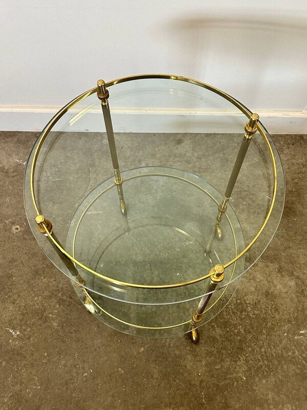 Chariot de bar rond en laiton et verre italien moderne du milieu du siècle des années 1970, Italie.