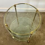 1970s mid-century modern Italian brass and glass round bar cart, Italy.