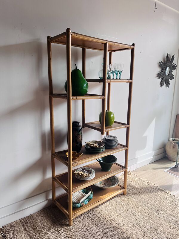 Etagere Bibliotheque vitrine bambou Rotin 70’s vintage