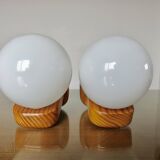 Pair of Scandinavian wall lights in pine and white opaline, 1980s.