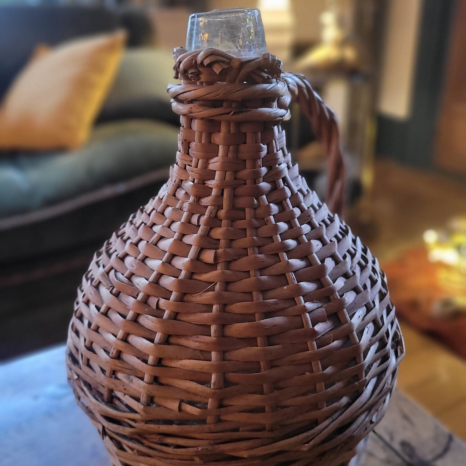 Glass demijohn encased in wicker, 1950s–1960s