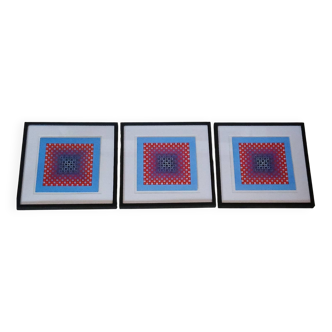 Trio Vintage Optical Art Tableaux - Victor Vasarely - Frames 40x40cm