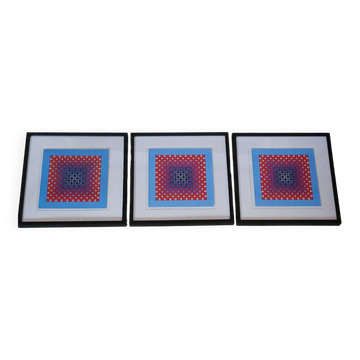 Trio Vintage Optical Art Tableaux - Victor Vasarely - Frames 40x40cm