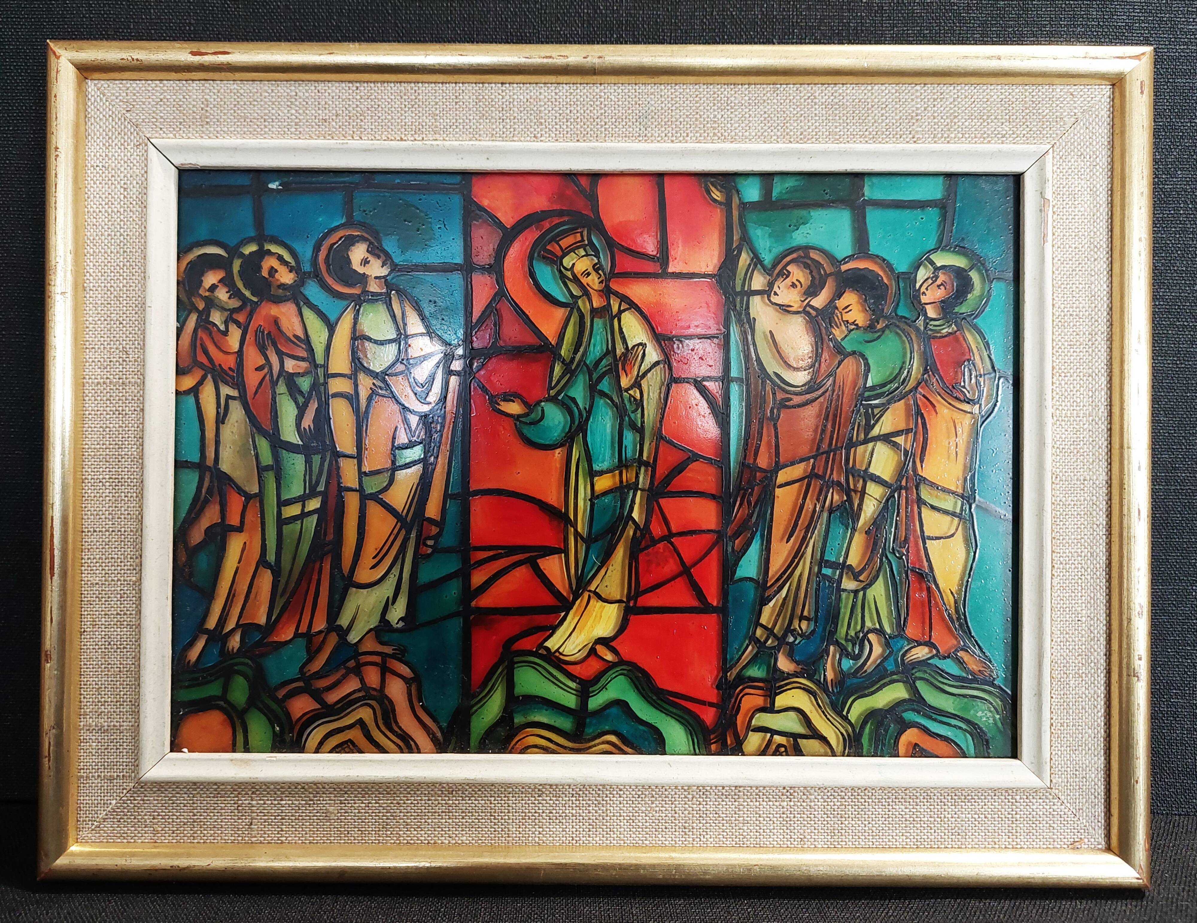 Frame reproduction fake stained glass window of the ascension of Le Mans cathedral 1960s