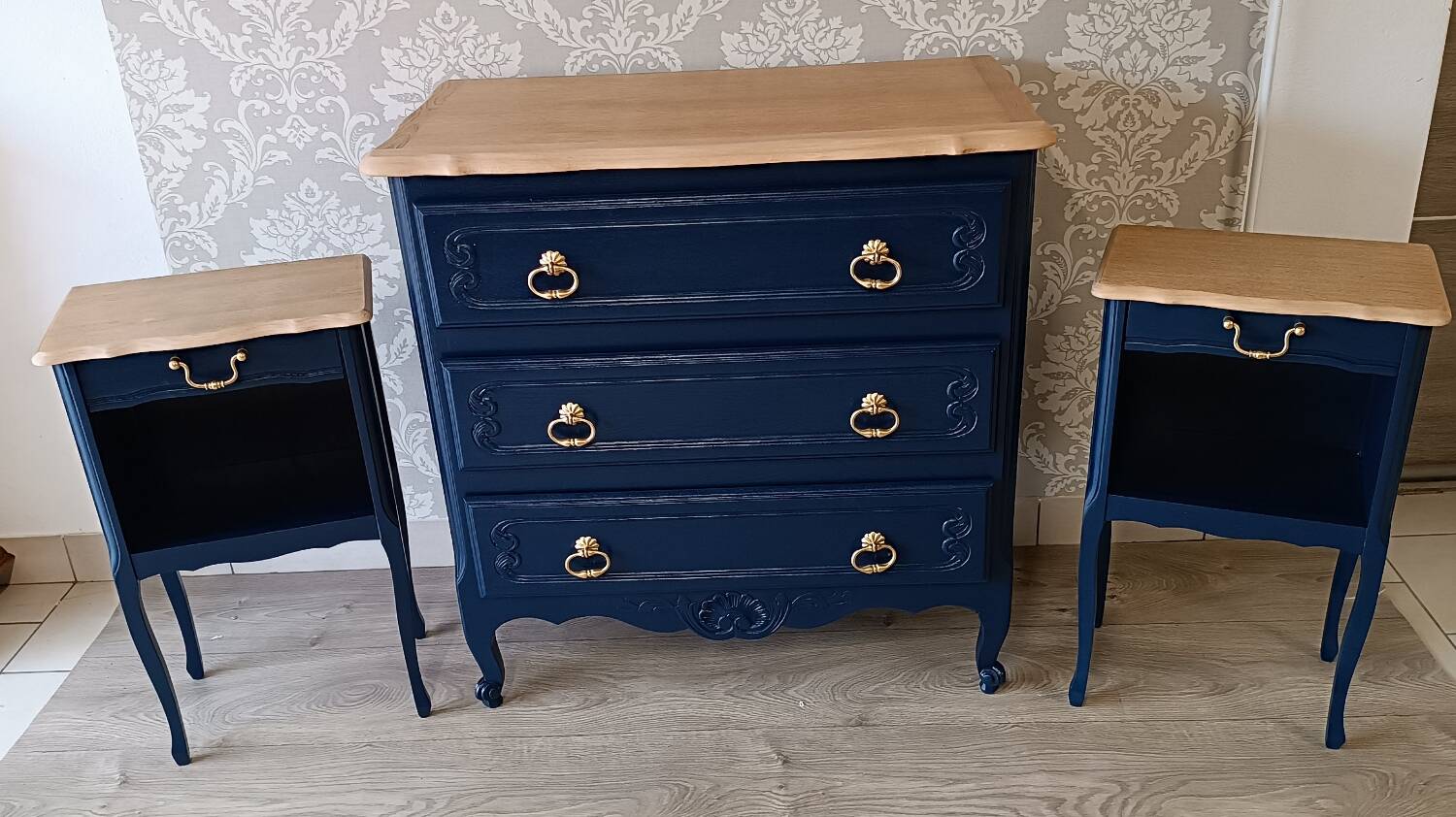 Louis XV style chest of drawers and bedside tables set