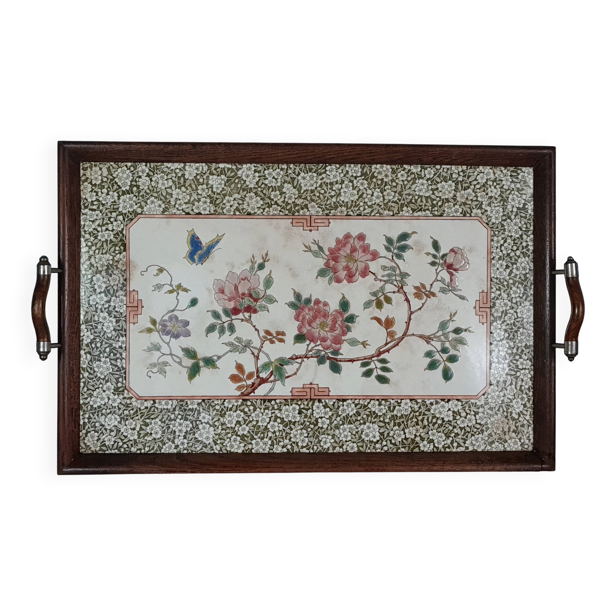 Ancien plateau de service faïence émaillée floral  & bois 1900 57x35 cm C99