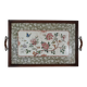 Ancien plateau de service faïence émaillée floral  & bois 1900 57x35 cm C99