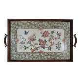 Ancien plateau de service faïence émaillée floral  & bois 1900 57x35 cm C99