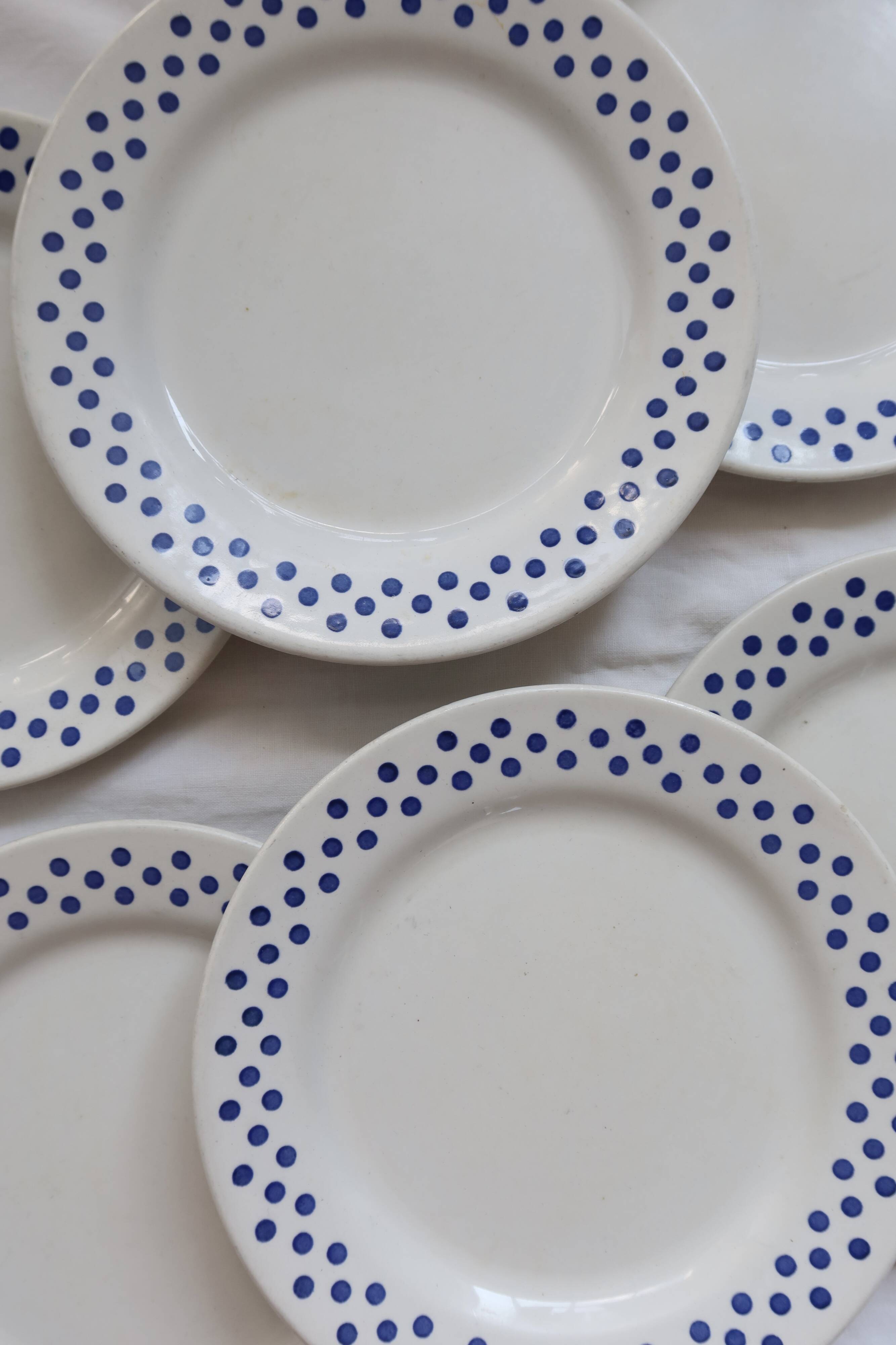 6 Vintage Oxford Earthenware Dessert Plates - Blue Polka Dot Pattern