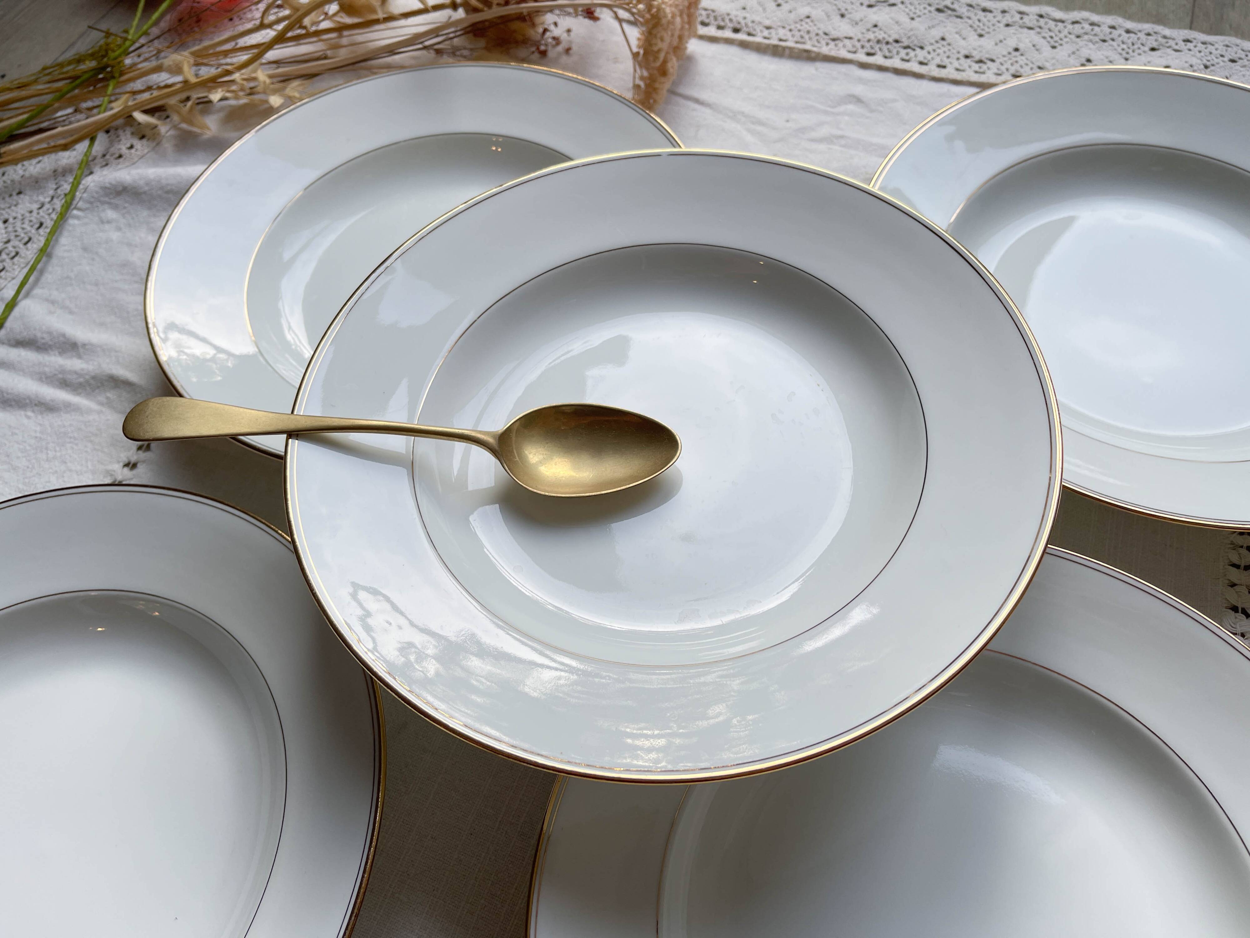 5 deep plates in white and gold Limoges porcelain