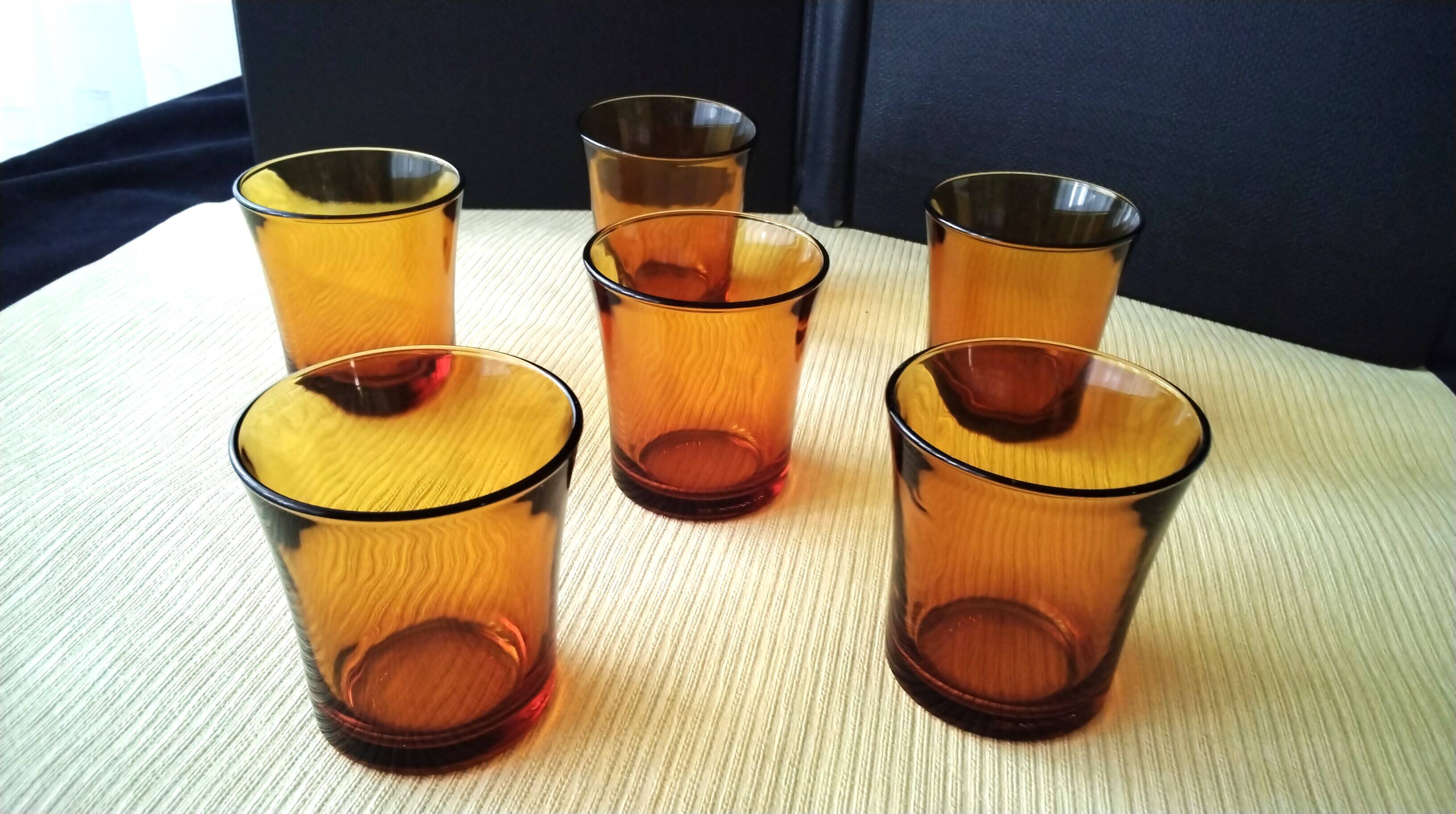 6 vintage Duralex table glasses in amber colour
