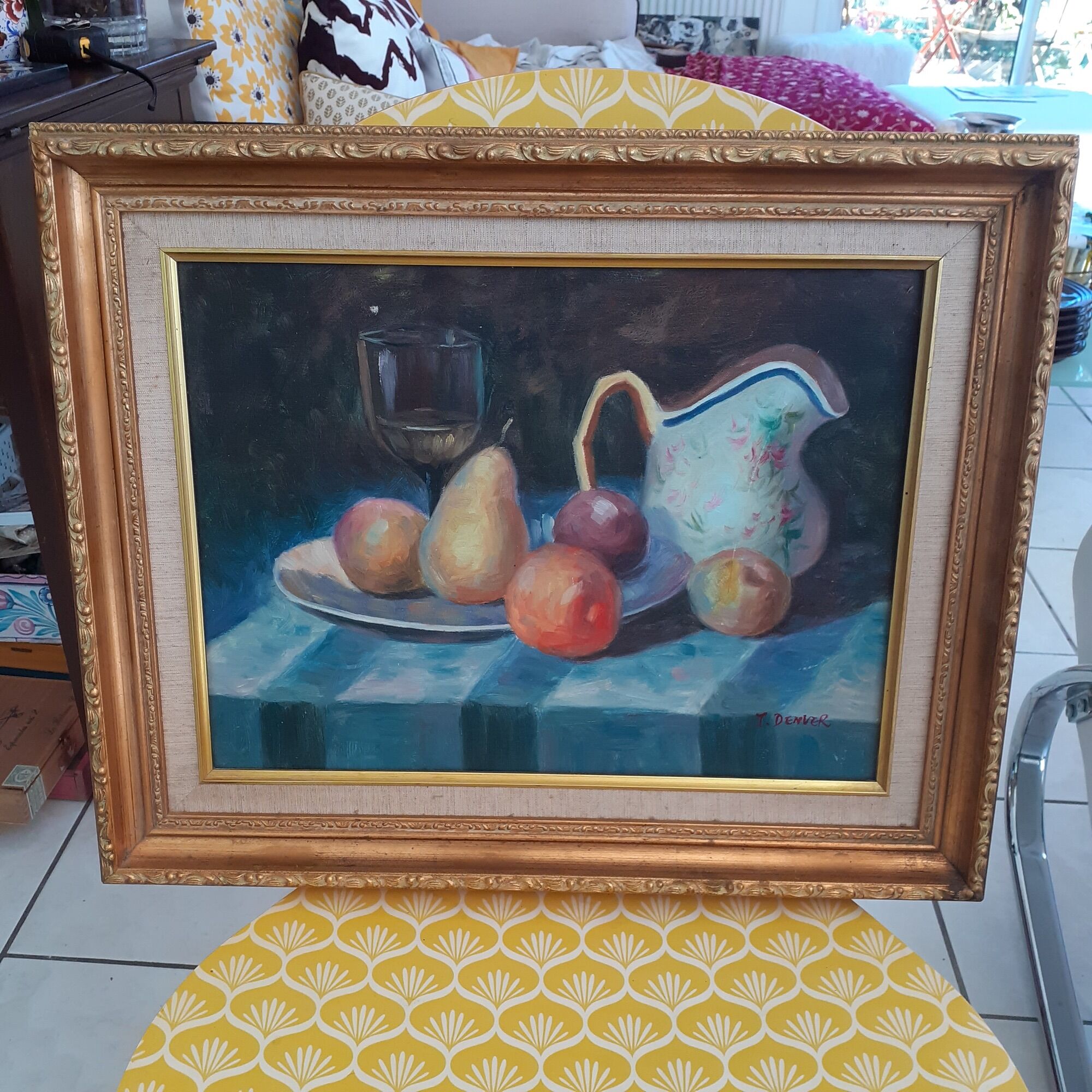Old painting Still Life. Oil on canvas. Golden frame.T. Denver.