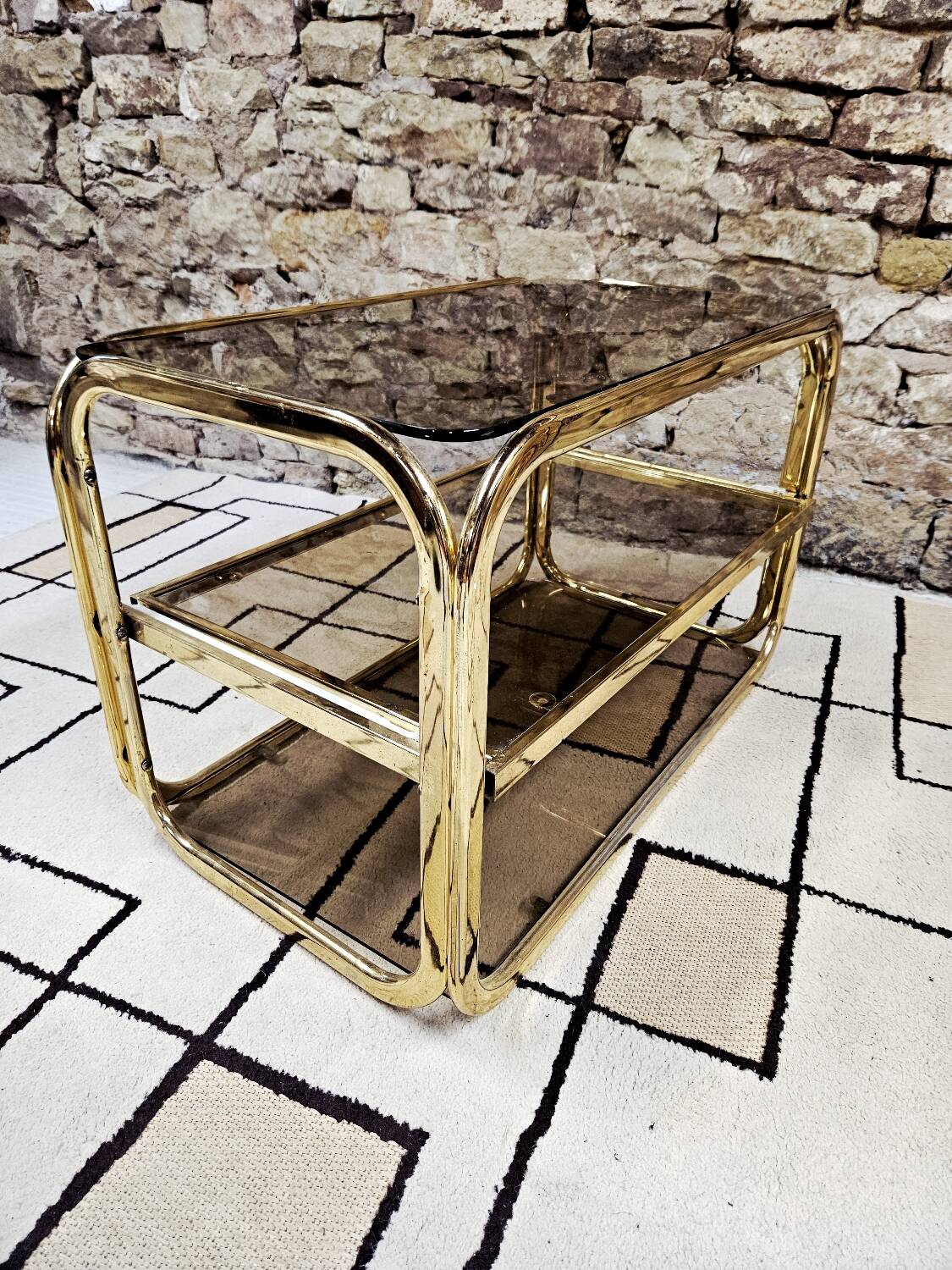 Brass coffee table with sliding top and smoked glass, 1970s vintage