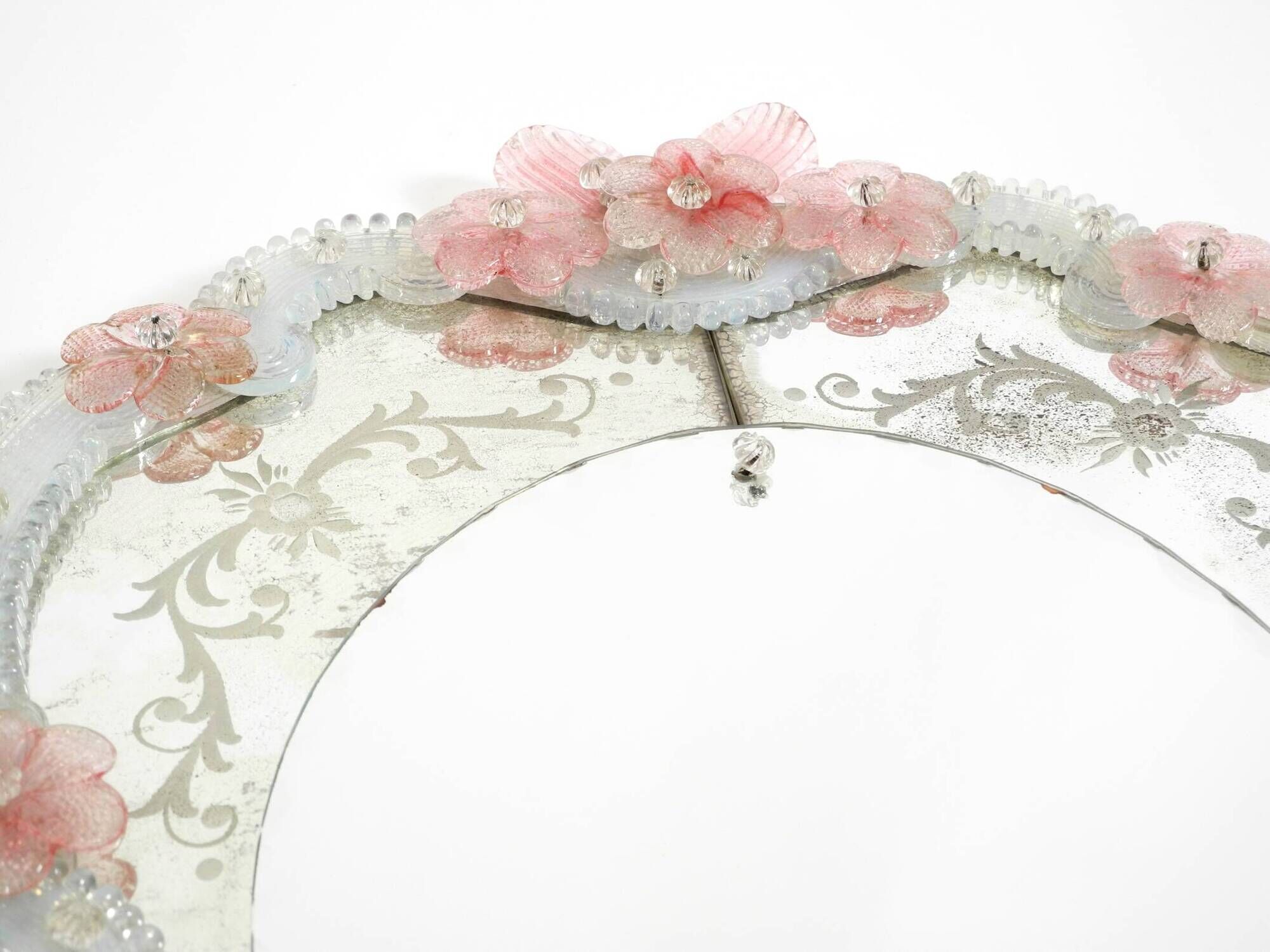 Italian mid-century wall mirror with a Murano glass frame and blossoms