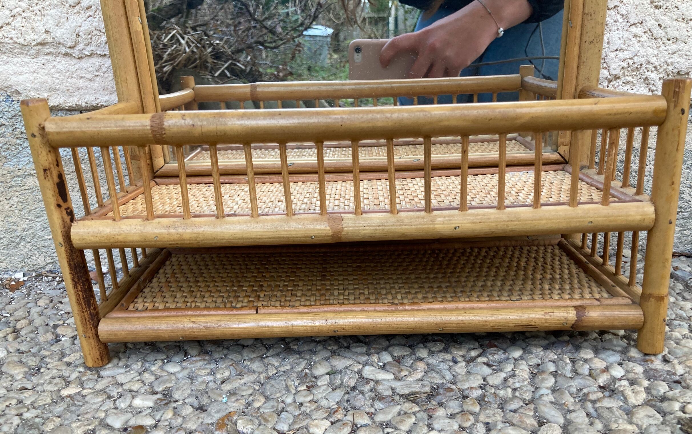 Vintage rattan wall shelf with mirror