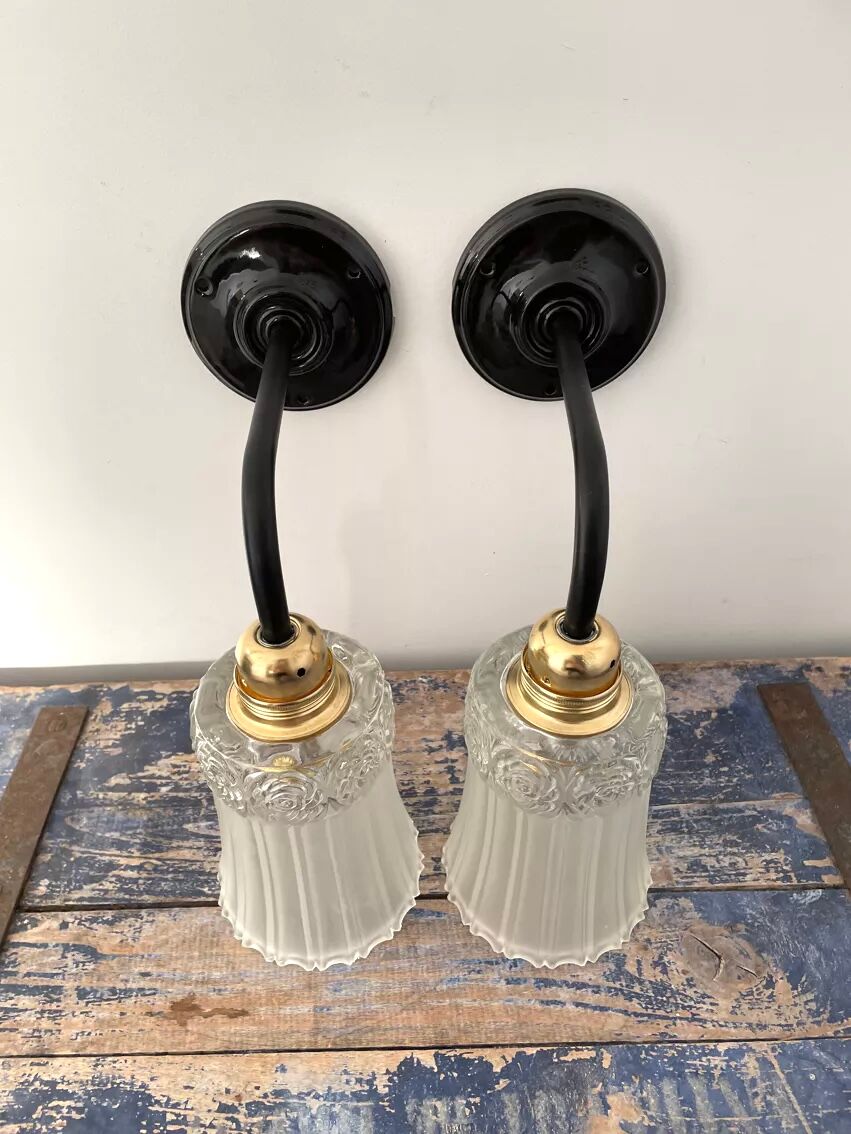 Paire d’appliques vintage en verre ciselé Art Déco