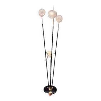1960 floor lamp, 3 black metal and brass rods, 3 molded cut glass lights