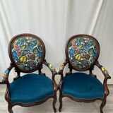 Pair of reupholstered convertible armchairs, 1930s-40s