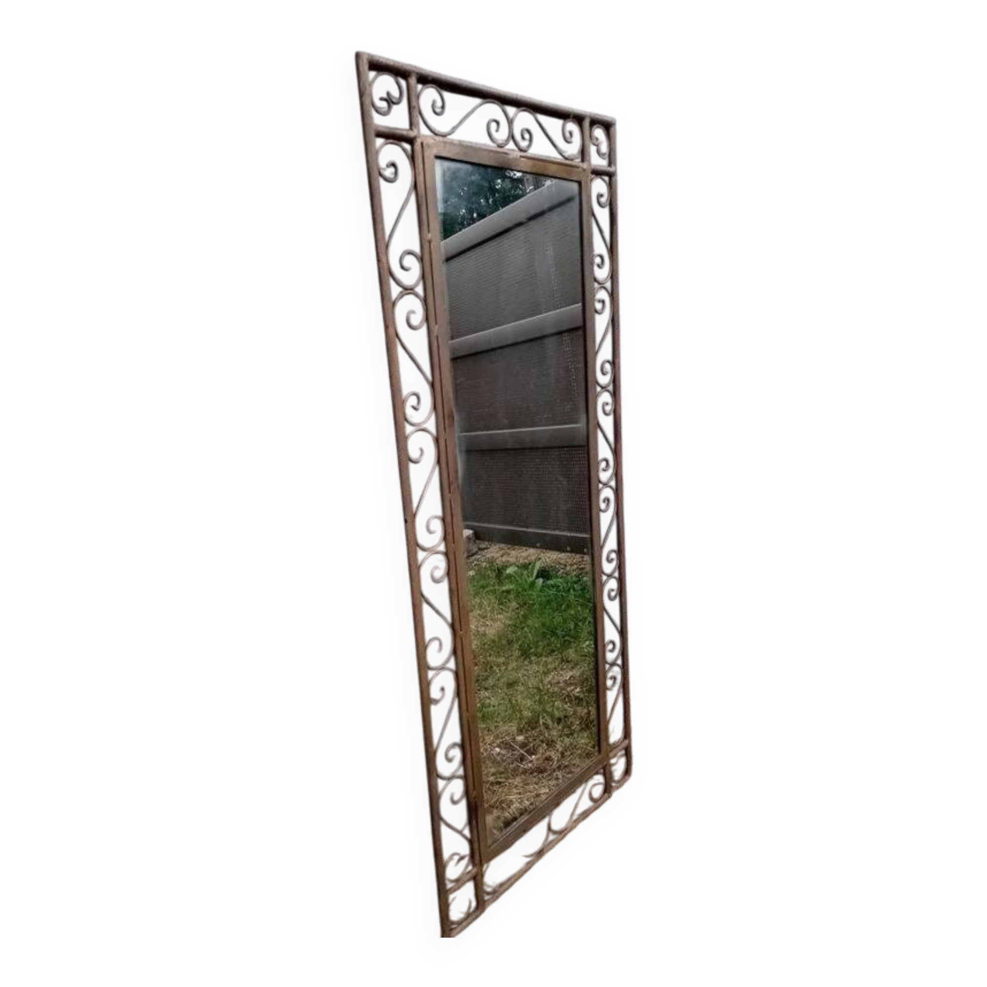 Antique mirror, large dimensions, solid wrought iron, mirror in very good condition.