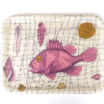 Plateau rectangulaire, decor poisson, années 60