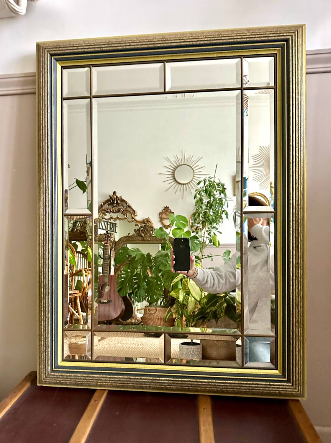 Beveled wooden mirror with glazing beads