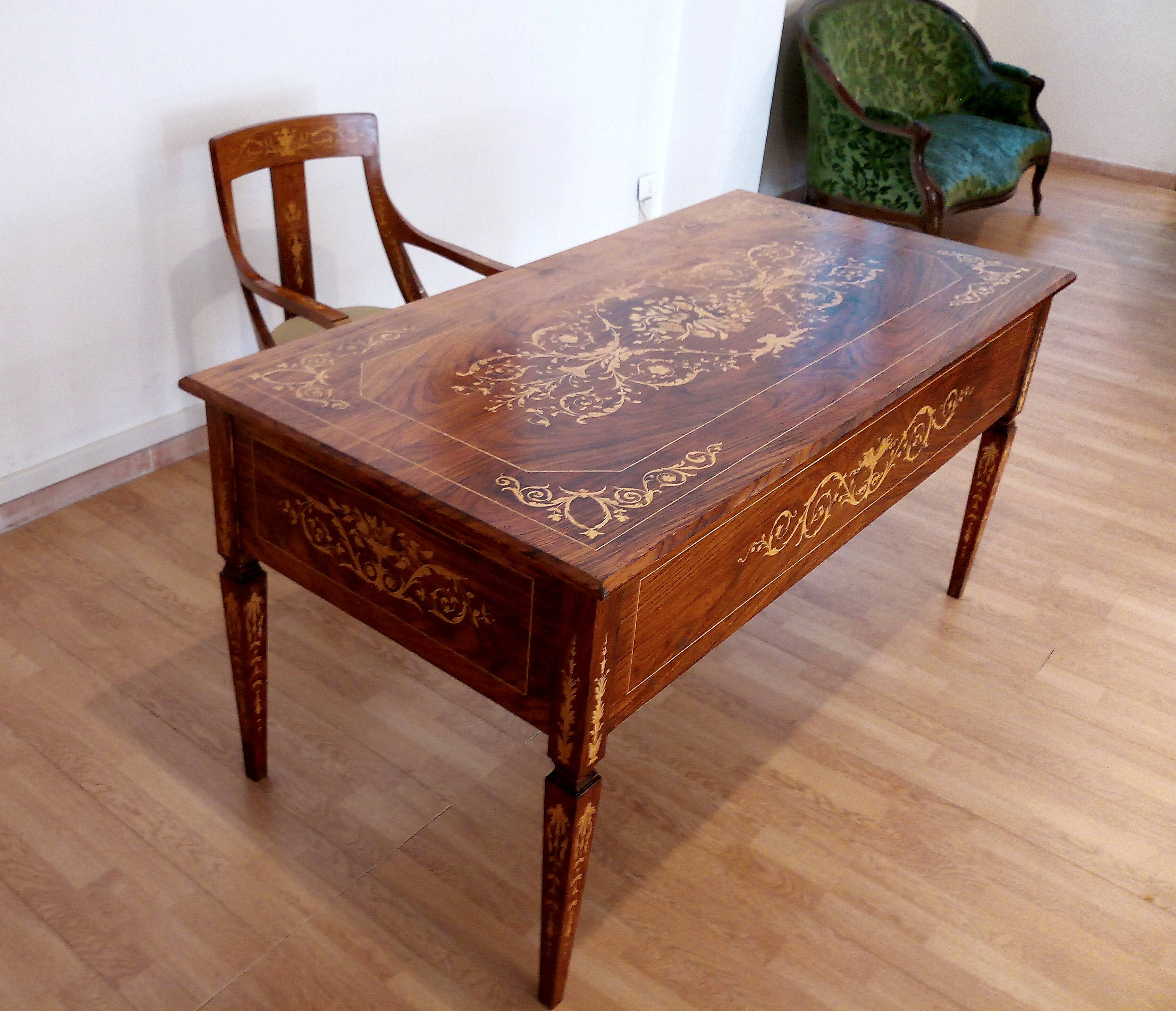 Louis XVI style italian bank desk and bench, 1920s