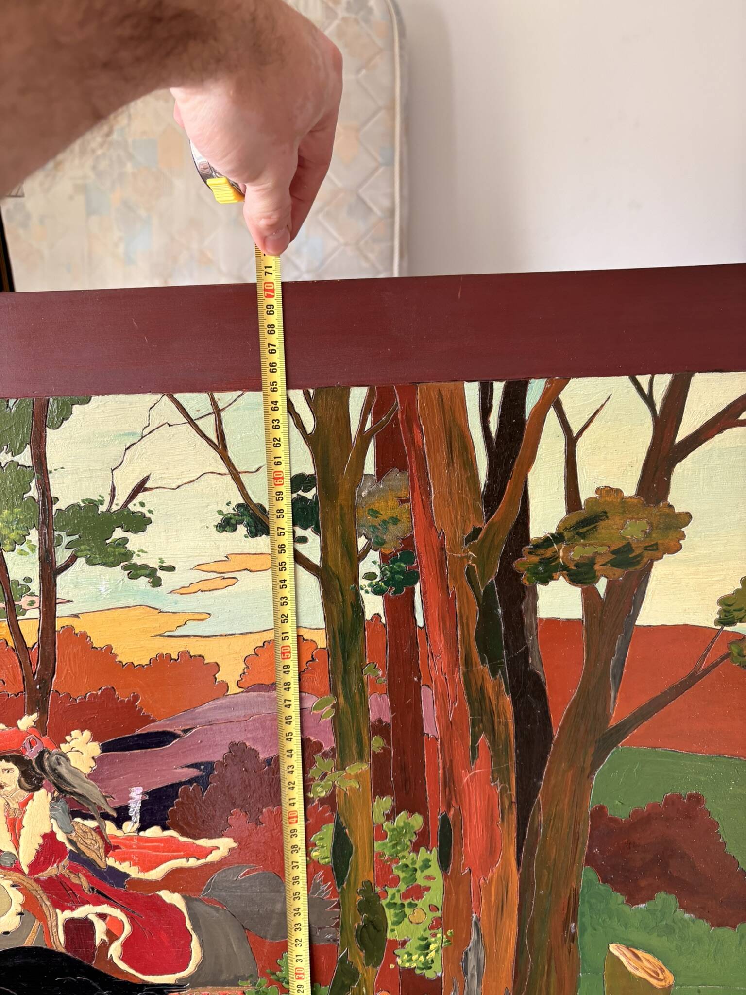 Table Painting Wood Carving Hunting Scene Dog Signed 130x70