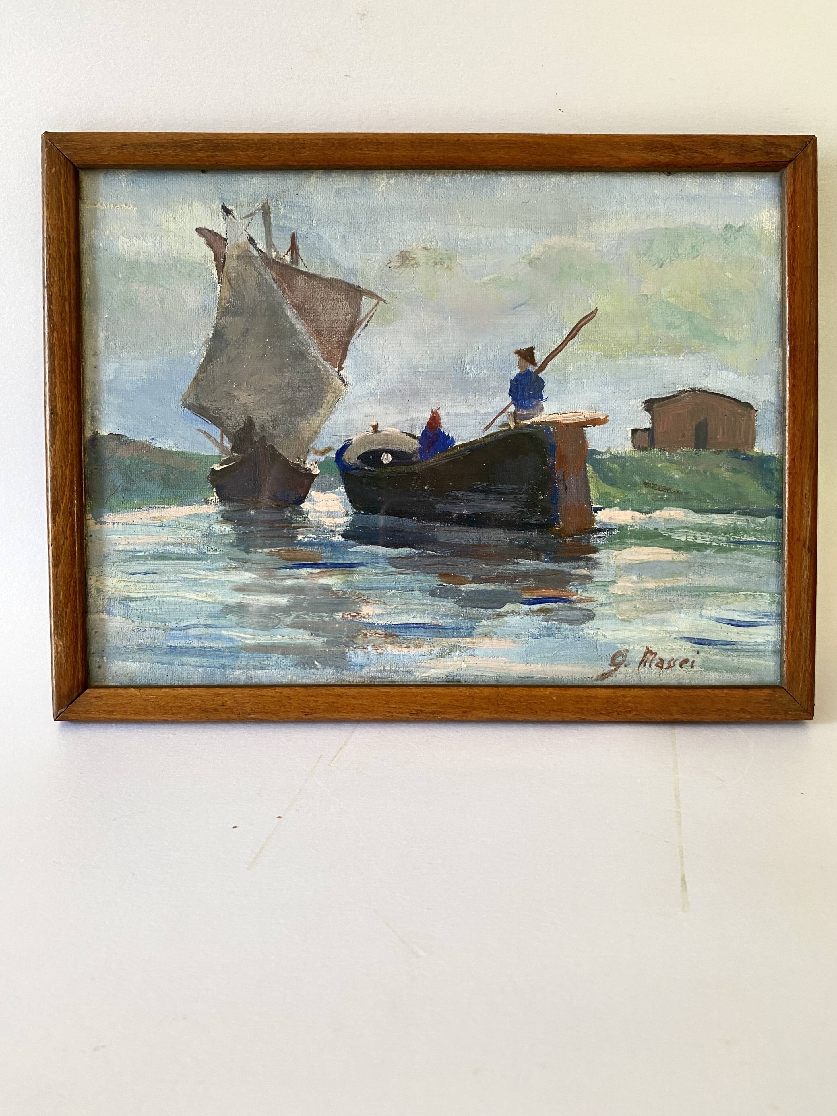 Oil on canvas under glass “Venetian lagoon fisherman”
