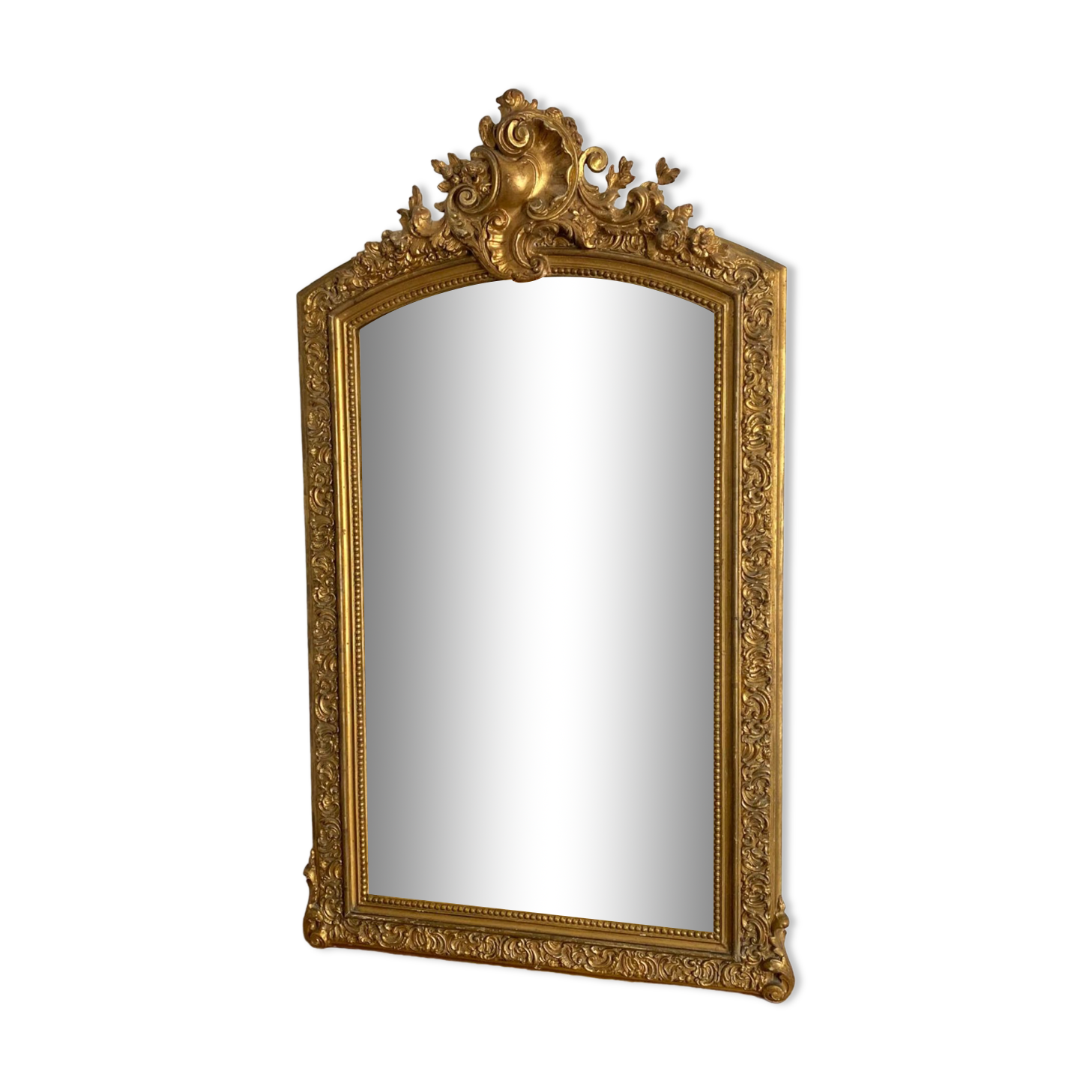 Late 19th century gilded mirror with decorated pediment 125x70cm