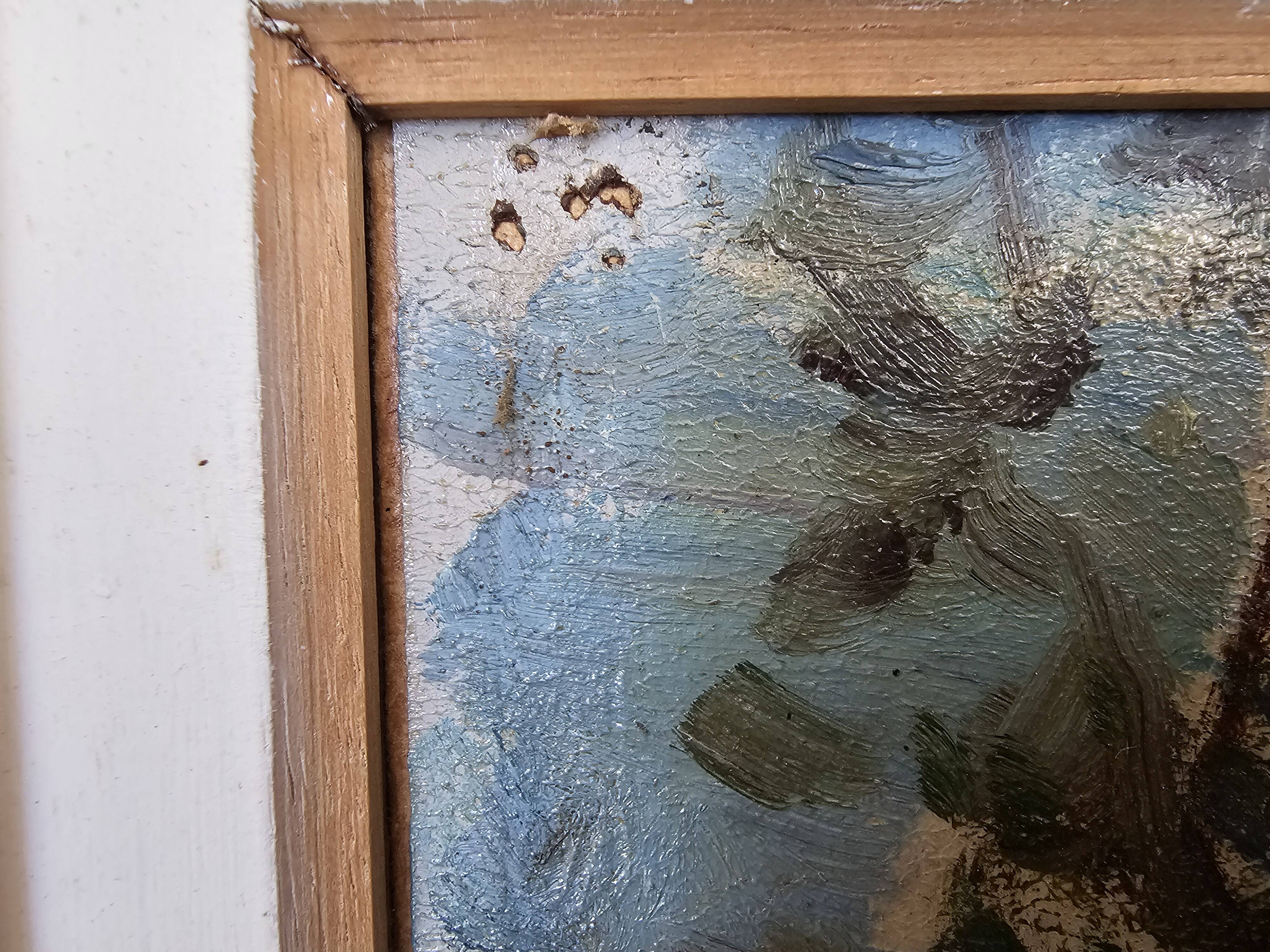 Tableau Huile sur Papier - Cours de ferme Pommiers en fleurs Signé J. Robin