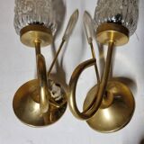 Paire d'applique ancienne en métal doré et verre