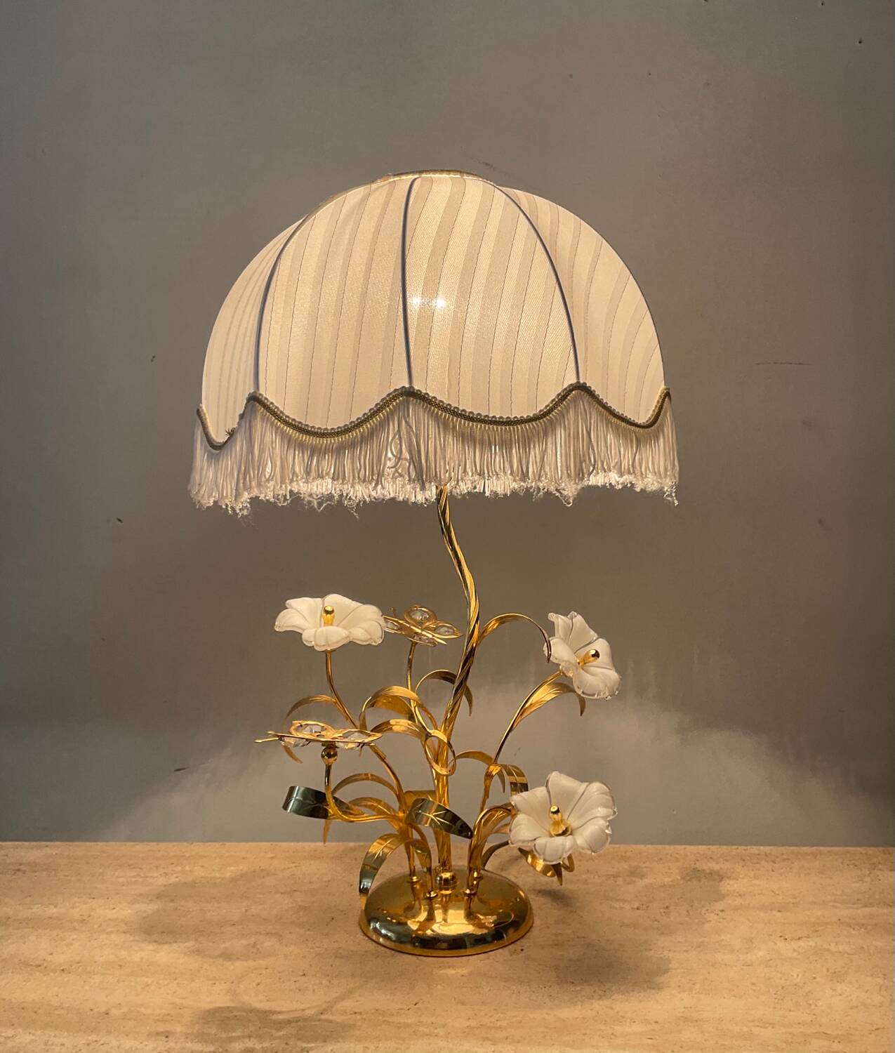 Vintage brass lamp with glass paste flower