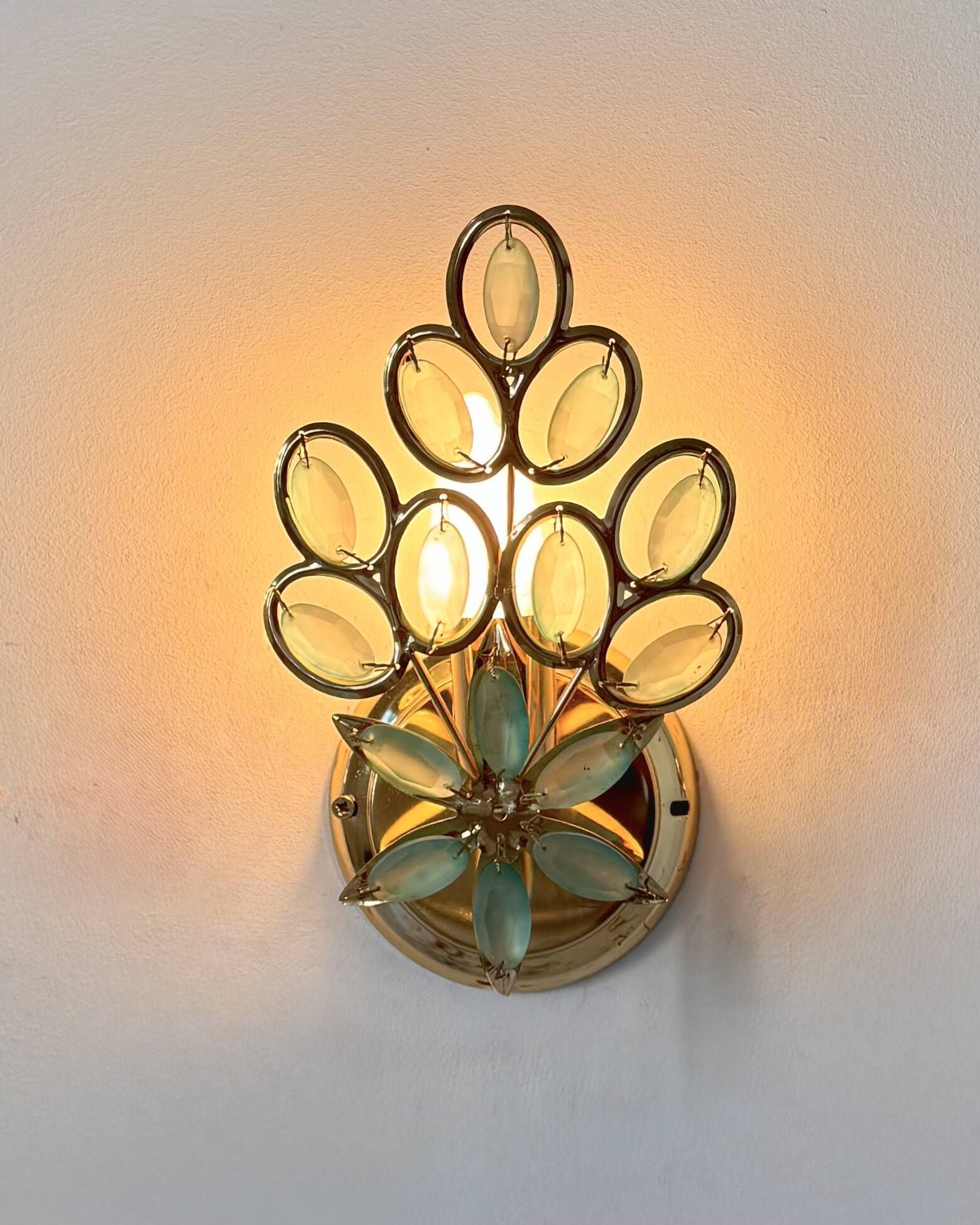 Pair of vintage brass wall lights with pendants, France, 1980.