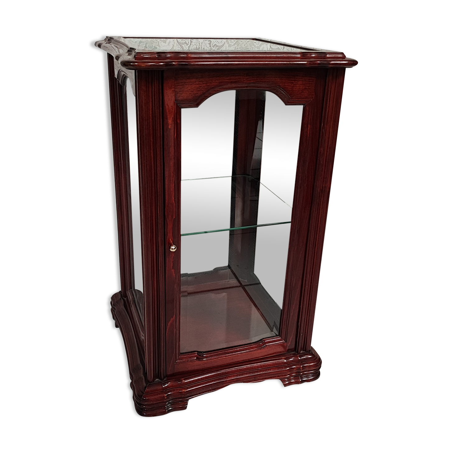 Showcase low glass beveled exotic wood