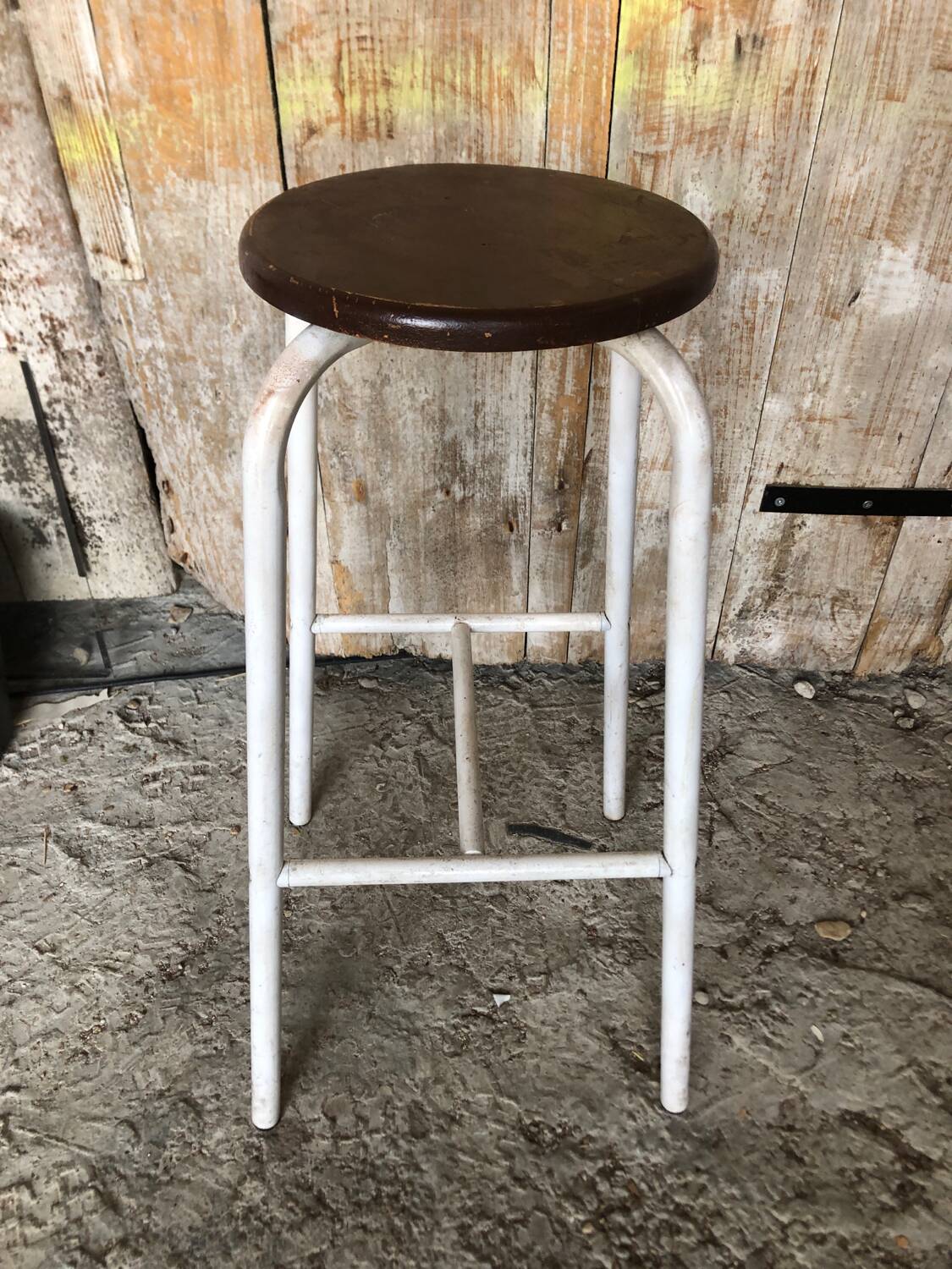 Bar Stool White Metal Leg + Vintage Brown Wood Seat #A352