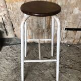 Bar Stool White Metal Leg + Vintage Brown Wood Seat #A352