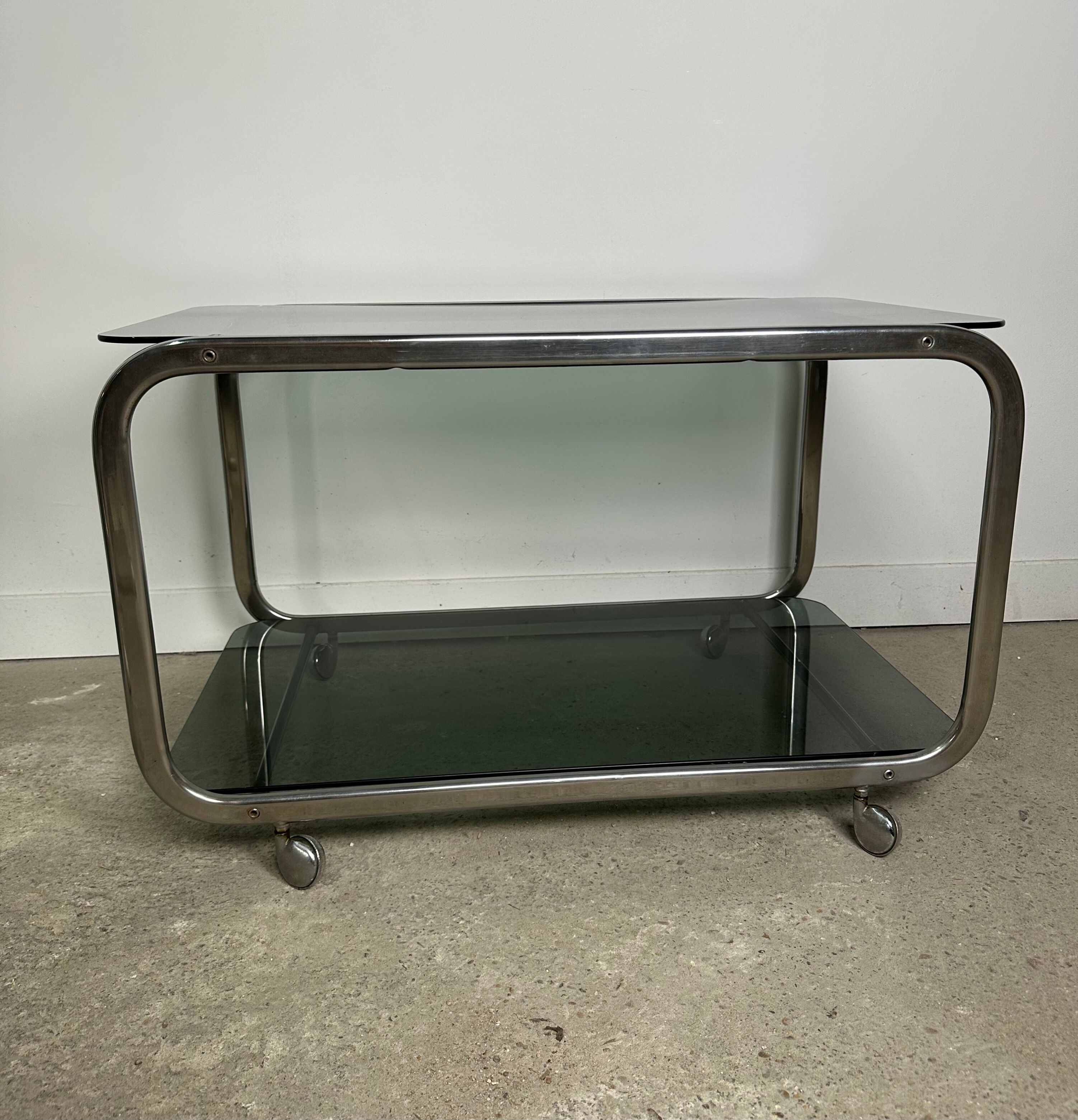 Dessert / rolling table vintage 60'S silver metal top smoked glass