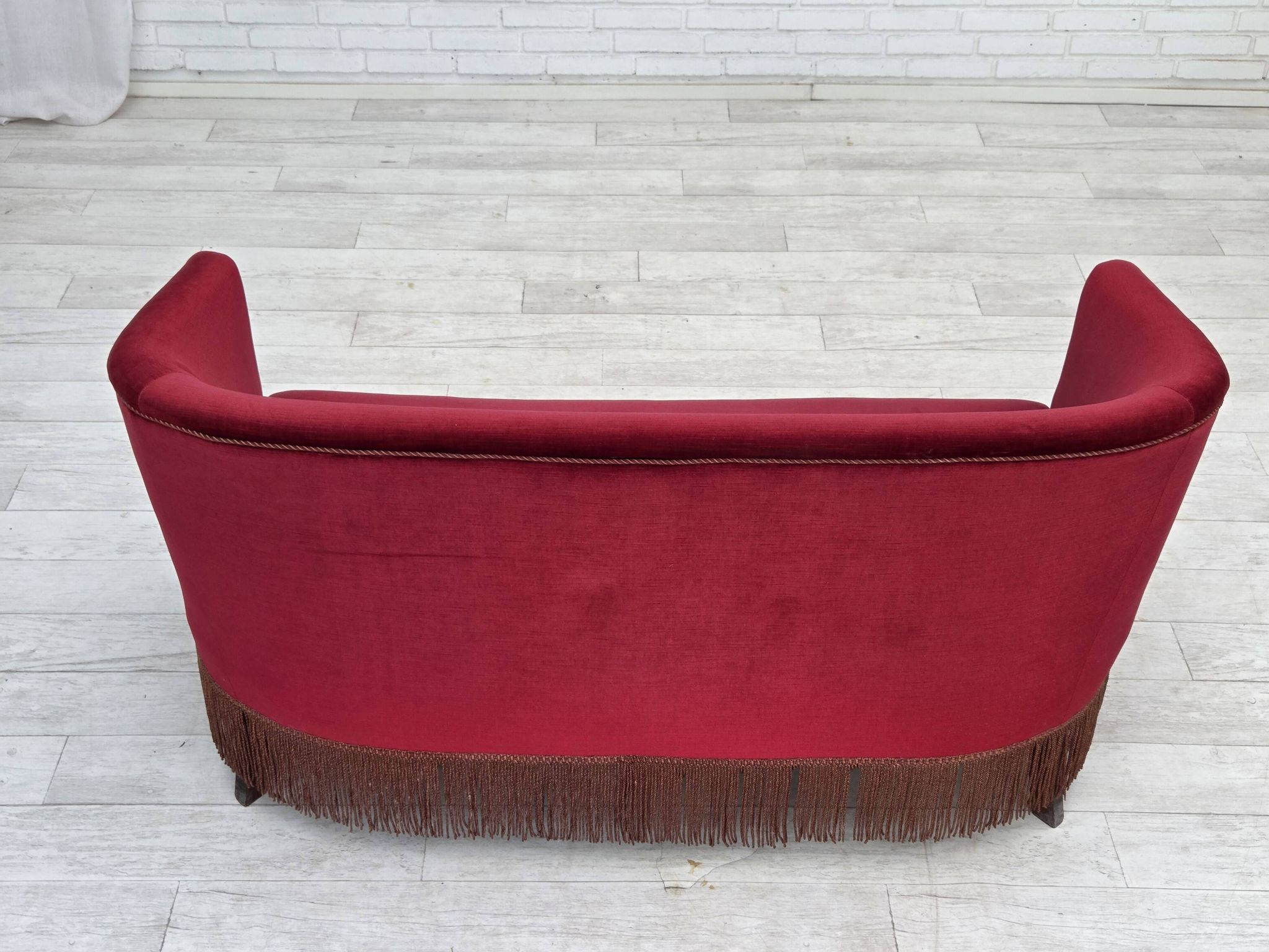 1960s, Danish 2-seater sofa, red furniture velour, ash wood legs.