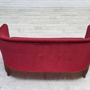 1960s, Danish 2-seater sofa, red furniture velour, ash wood legs.