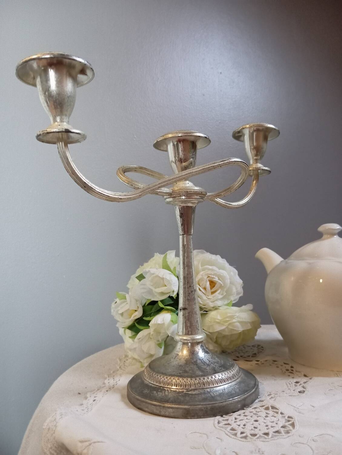 Bougeoir candélabre 3 bras argent plaqué, vintage