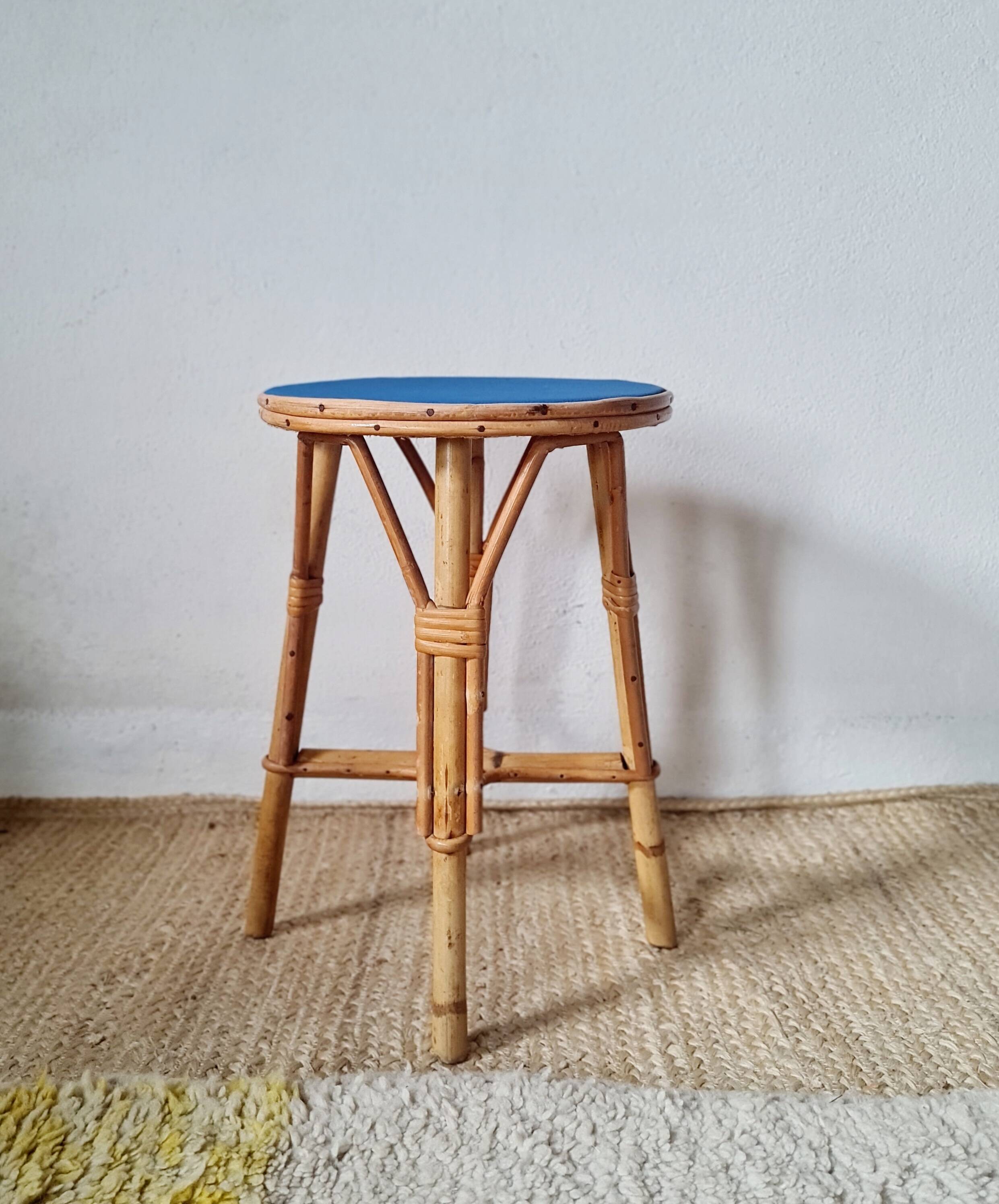 Rattan stool - round painted top in Klein blue