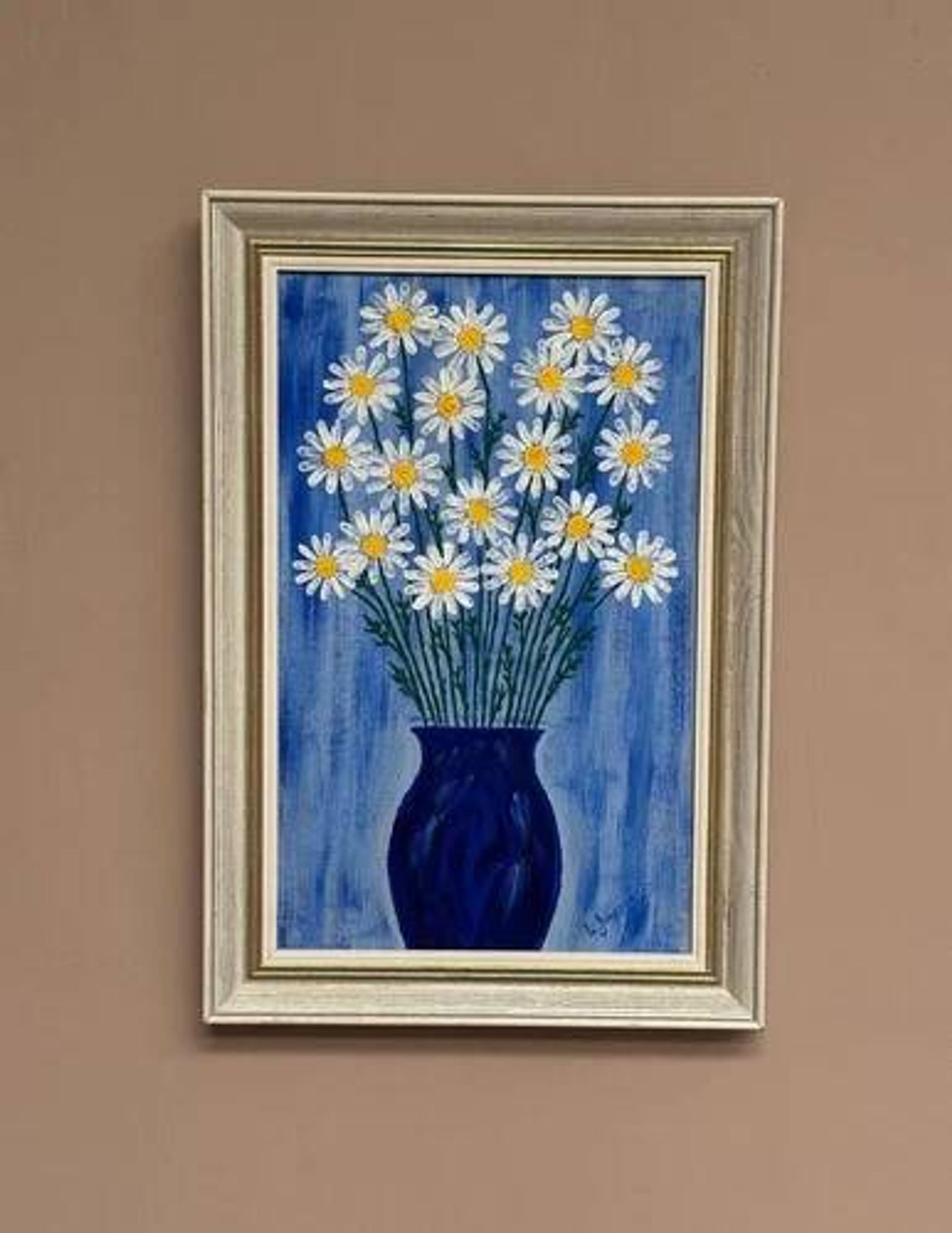 Swedish Oil on Canvas “Blue vase with flowers” by L jonsson Vintage 45x31cm
