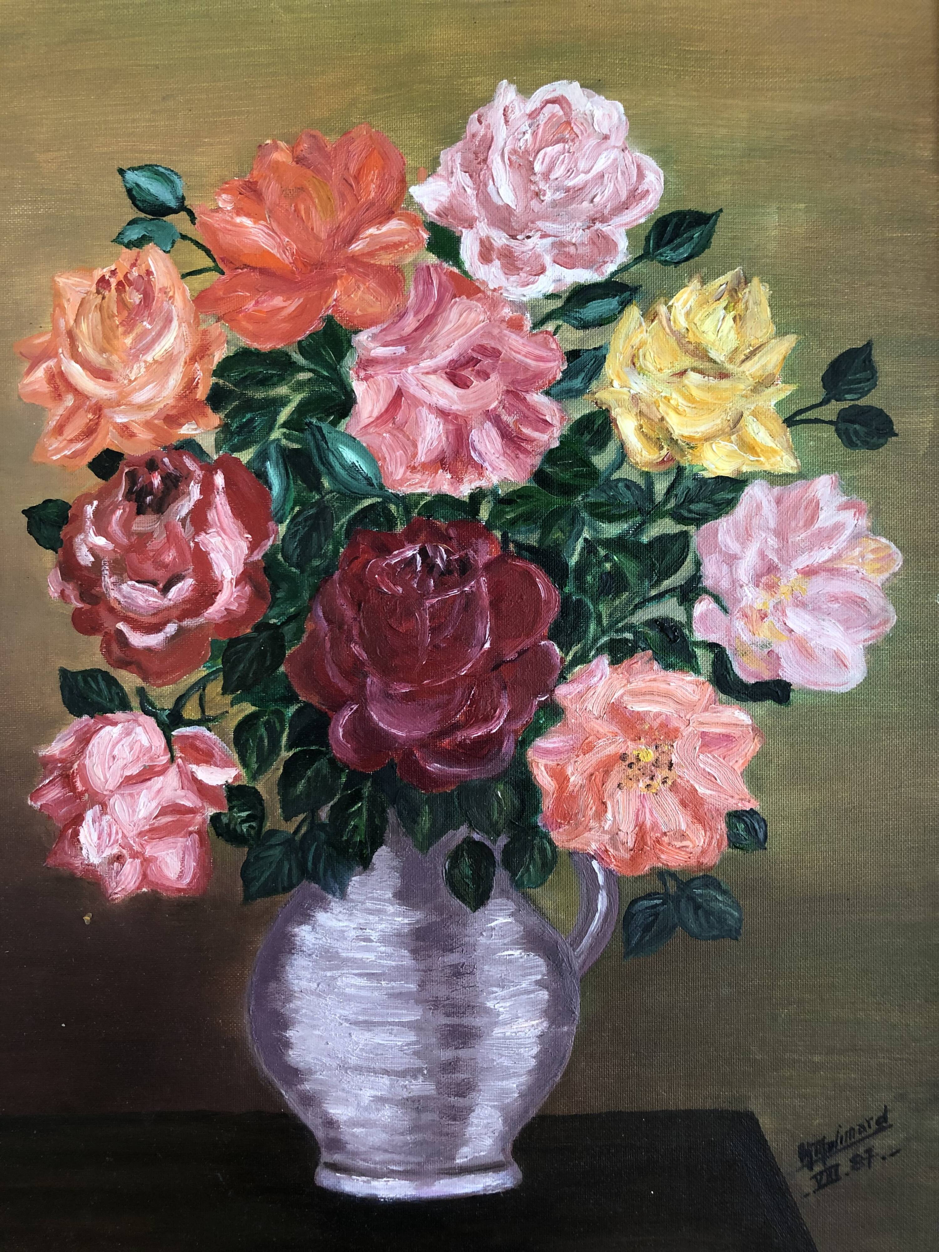 Oil on canvas: still life with bouquet of roses