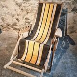 Vintage French folding lounge chair – 1950s/60s in beech with striped canvas, adjustable recliner
