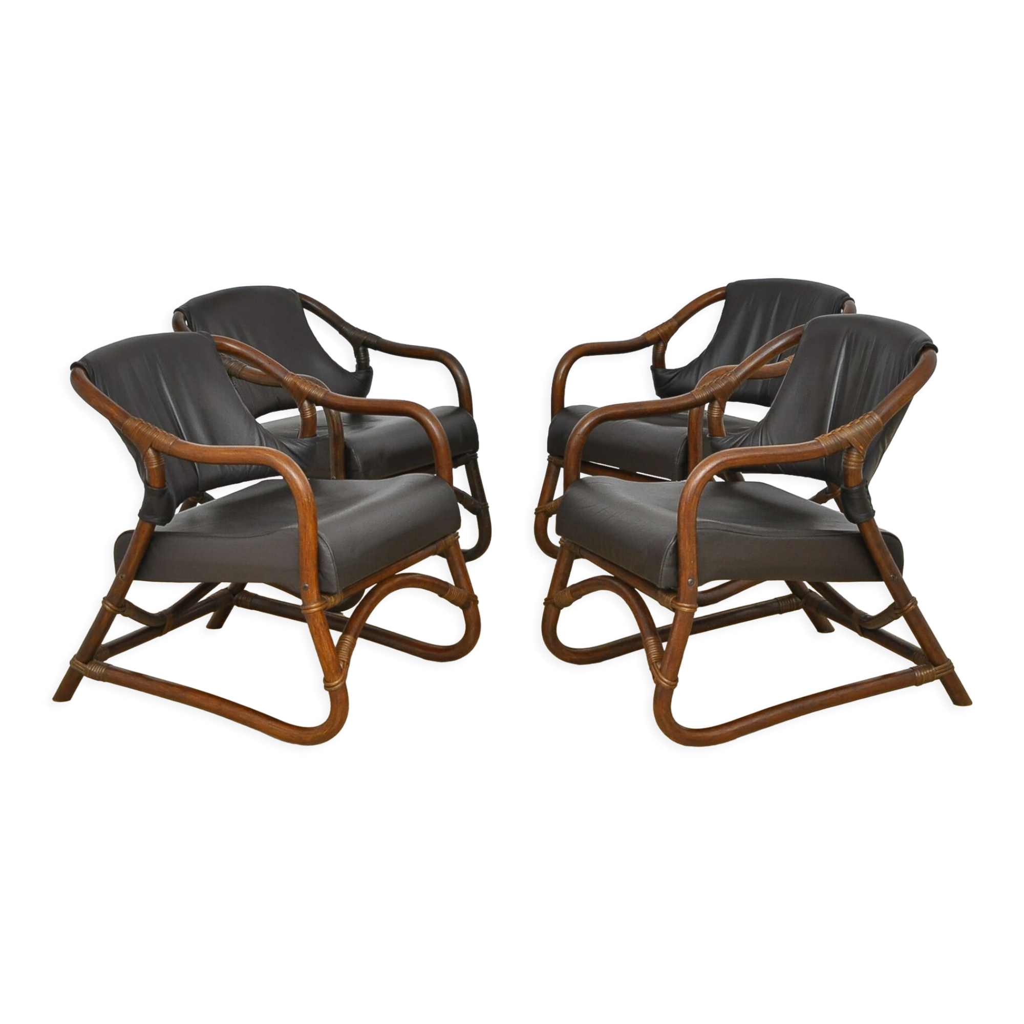 Set of bamboo armchairs with leather seats, 1970s
