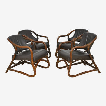 Ensemble de fauteuils en bambou avec sièges en cuir années 1970