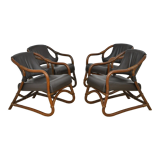 Ensemble de fauteuils en bambou avec sièges en cuir années 1970